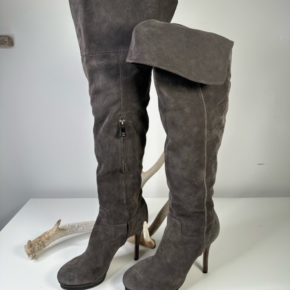 BCBGMaxazria Valerie Thigh High Boots Womens 8.5 Gray Suede Leather Platform - Picture 1 of 15